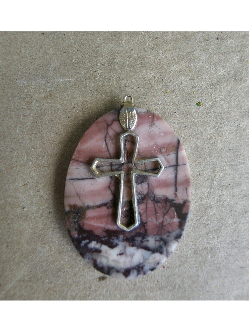 VTG Pink Rhodonite Cross Pendant Oval Natural Stone Christian Religious Charm